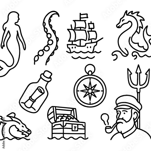 Ocean Myth Icons. Outline style icons of Ocean Myths and Folklore: mermaid silhouette, kraken tentacle, ghost ship, sea dragon,