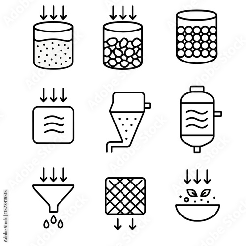 Basic Water Filtration Icons. Outline style icons of Basic Water Filtration: sand filter layer, gravel filtration, charcoal filter