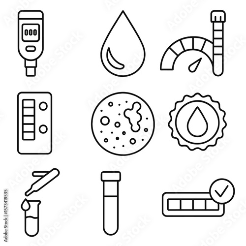 Water Quality Icons. Outline style icons of Water Quality Indicators: TDS meter icon, water clarity droplet, pH level scale,