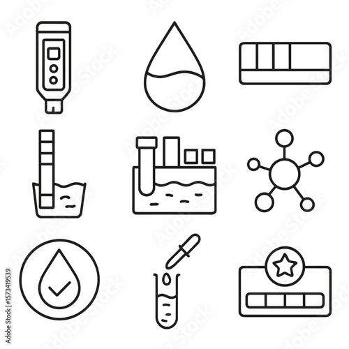 Water Quality Icons. Outline style icons of Water Quality Indicators: TDS meter icon, water clarity droplet, pH level scale,