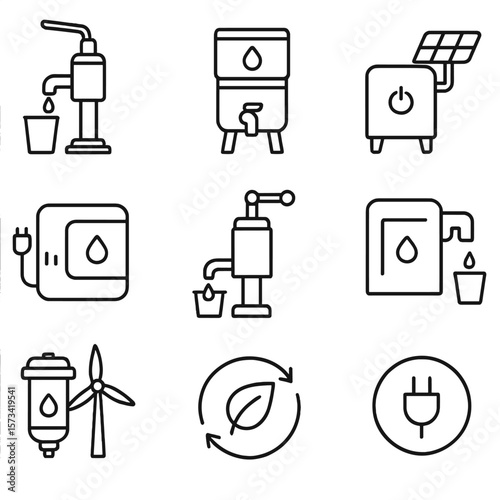 Energy Purification Icons. Outline style icons of Energy in Purification: hand pump, gravity drip icon, solar-powered unit,