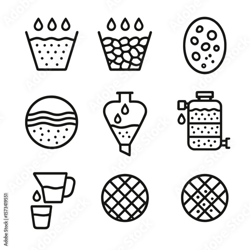 Basic Water Filtration Icons. Outline style icons of Basic Water Filtration: sand filter layer, gravel filtration, charcoal filter
