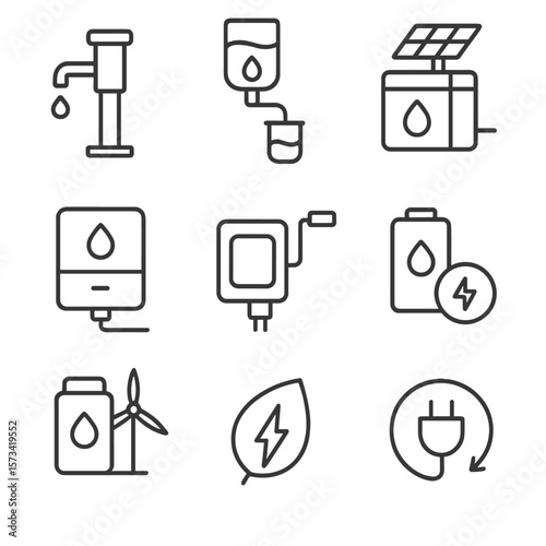 Energy Purification Icons. Outline style icons of Energy in Purification: hand pump, gravity drip icon, solar-powered unit,