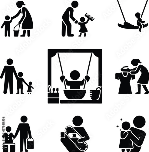 Parent child activities icons set black and white parent child icon