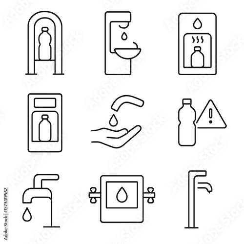 Public Water Station Icons. Outline style icons of Public Water Stations: refill station, filtered water fountain, UV dispenser,