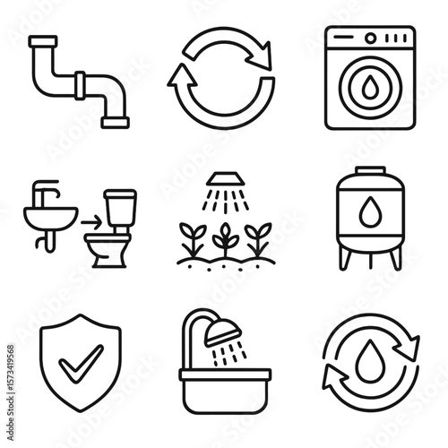 Greywater Reuse Icons. Outline style icons of Water Reuse and Greywater: greywater pipe, reuse arrow loop, laundry reuse icon,