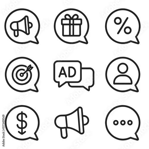 Marketing Chat Icons. Outline style icons of Marketing and Sales Chat: promotional chat icon, offer bubble, discount message
