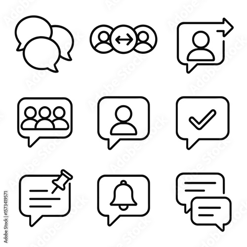 Group Chat Icons. Outline style icons of Group Chat: multi-bubble icon, group reply icon, shared message bubble, group avatar