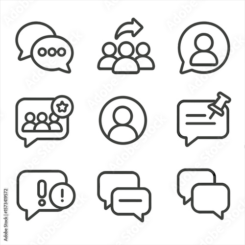 Group Chat Icons. Outline style icons of Group Chat: multi-bubble icon, group reply icon, shared message bubble, group avatar