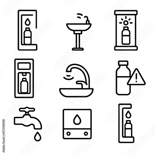 Public Water Station Icons. Outline style icons of Public Water Stations: refill station, filtered water fountain, UV dispenser,