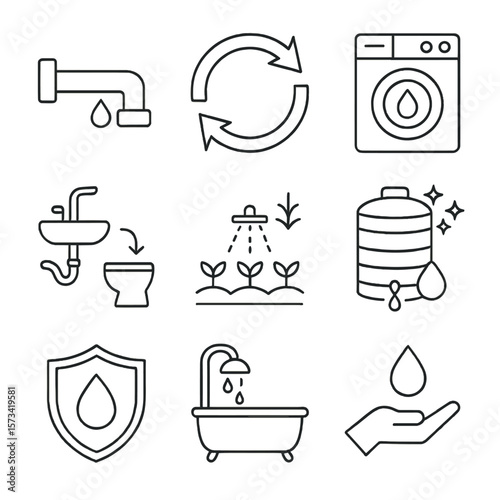 Greywater Reuse Icons. Outline style icons of Water Reuse and Greywater: greywater pipe, reuse arrow loop, laundry reuse icon,