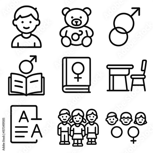 Gender Education Icons. Outline style icons of School and Children’s Gender Symbols: child male icon, child female icon, toy and