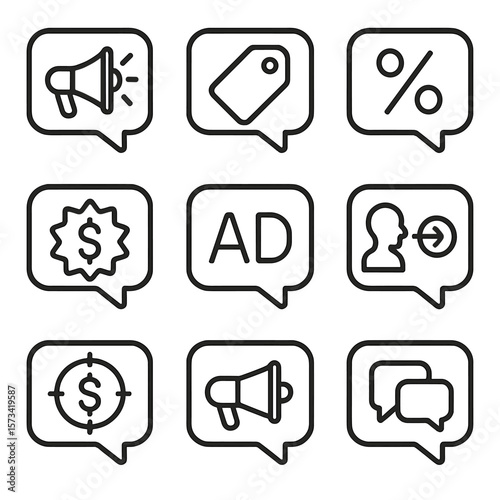 Marketing Chat Icons. Outline style icons of Marketing and Sales Chat: promotional chat icon, offer bubble, discount message