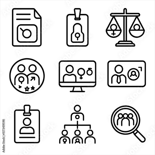 Gender Workplace Icons. Outline style icons of Gender in Workplace: HR form with gender icon, recruitment tag with gender sign,