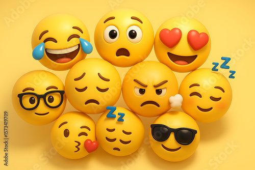 Set of ten emoji faces with various moods and expressions on soft yellow background for emoji day emotion diversity funny cartoon and digital character use