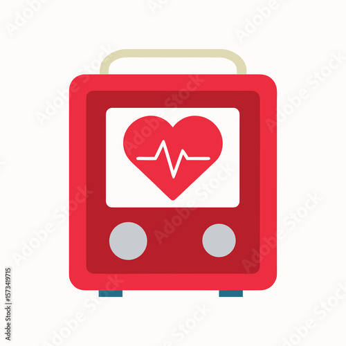 Simple Red Defibrillator Icon with Heartbeat on Screen on white background