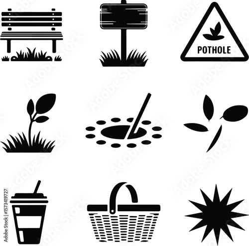 Park bench sign pothole drink basket starburst plant icons