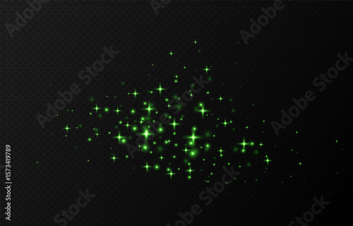 Green sparkling stars, shiny particles light effect, transparent flying stardust texture, abstract twinkle Christmas decoration. Vector illustration.