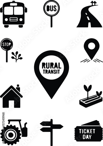 Rural transit icons including bus road house tractor and ticket