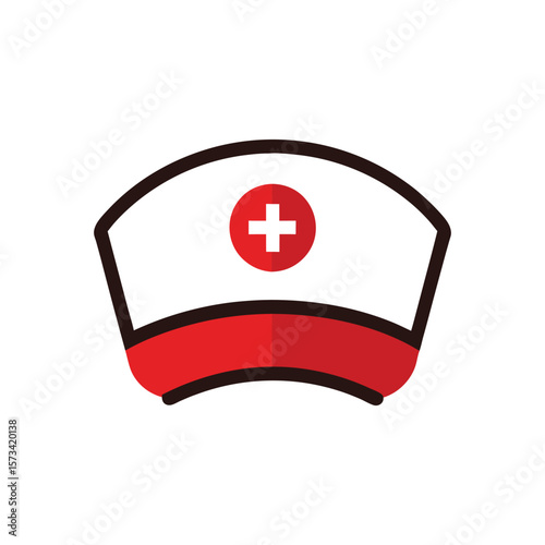 Nurse Hat Icon with Red Cross Symbol on White Background