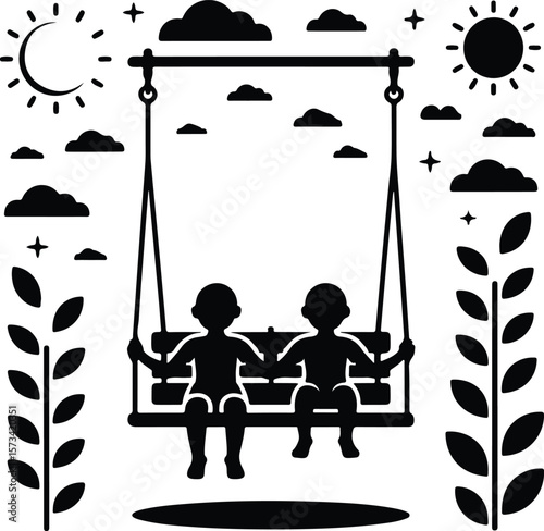 Two children silhouettes on a swing with sun clouds and plants