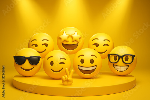Fun group of winking smiling and star eyed emoji on yellow podium under spotlight for emoji day cool cartoon digital style celebration and joy expression