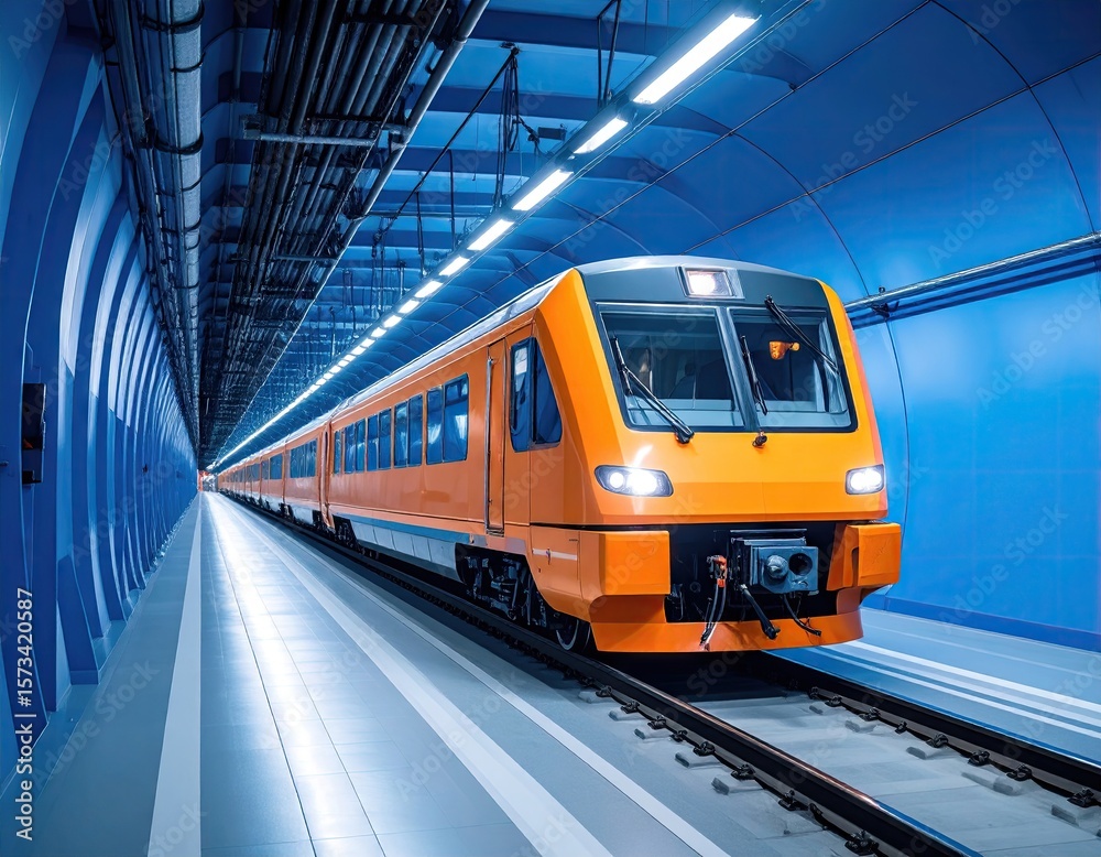 Fototapeta premium Orange train in a modern tunnel
