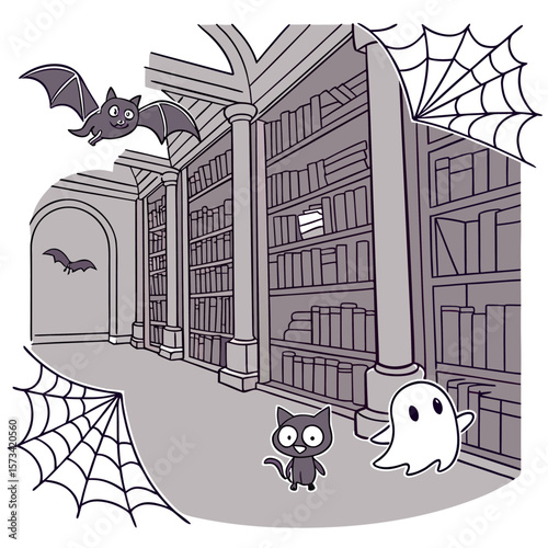 Spooky cartoon library scene with a friendly ghost a black cat and flying bats amidst bookshelves and cobwebs perfect for halloween decorations and children s stories