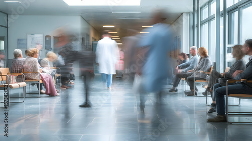 Busy hospital waiting area with patients and blurred medical staff   -