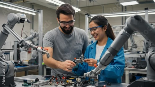 Robotic engineering students working on project in lab for education and ai technology learning course