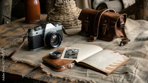 Nostalgic Still Life: Vintage Camera, Leather Bag, Open Journal, and Brown Container on Weathered Wooden Surface evoking Memories.