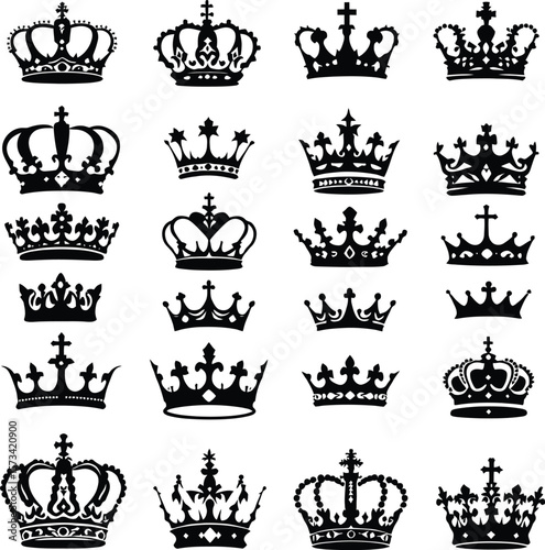 black and white hand-drawn crown icon set — 20 regal illustrations for fashion, royalty, and design themes