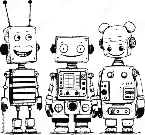 A lineup of five cartoonish robots with various designs, featuring bold outlines and a hand-drawn style.