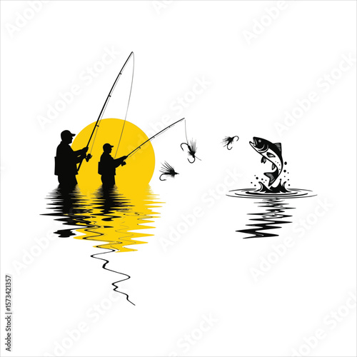 Two fishermen casting lines with a jumping fish and sun reflection silhouette isolated on white background Art & Illustration