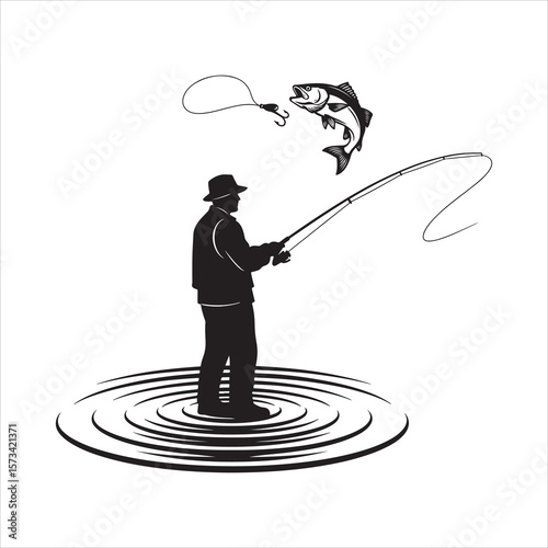 Fisherman casting line to jumping fish silhouette isolated on white background Art & Illustration
