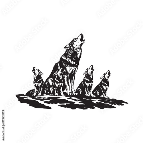 Pack of wolves howling together on a rocky outcrop silhouette isolated on white background Art & Illustration