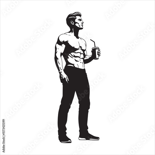 Muscular man with chiseled abs holding a drink silhouette isolated on white background Art & Illustration