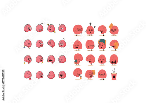 A whimsical set of brain characters displaying various emotions and activities, perfect for mental health awareness designs, educational material, or quirky branding concepts.
