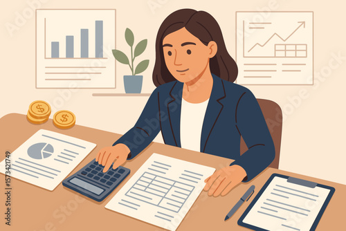 Accountant at work. Businesswoman calculating tax. Finance and accounting document. Office financial chart and graph. Manage invoice. Money report. Balance audit concept.