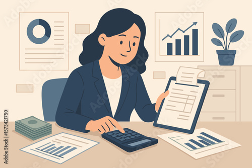 Businesswoman accountant calculating taxes and managing invoices. Financial accounting concept with documents, charts, and graphs. Money report and balance audit in office.