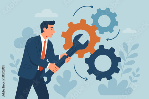 Business improvement and optimization concept. Businessman with wrench adjusting gears. Fine-tuning workflow for efficiency. Maintenance, repair service for progress and change.