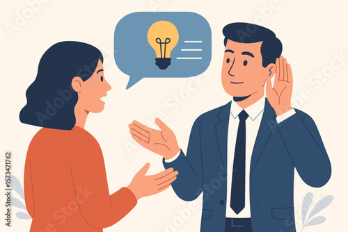 Active listening and effective communication skill concept. Businessman in discussion, carefully processing information and new ideas from a colleague for better job performance.