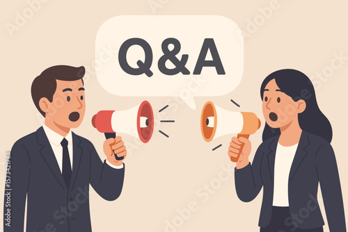 Q and A concept with business people holding megaphones. Question and answer, communication, interview, announcement, discussion, debate. Public speaking and feedback metaphor.