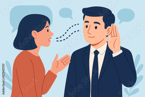 Active listening concept. Communication skill for job effectiveness. Businessman carefully hears woman coworker. Processing information. Discussion, conversation, and empathy.