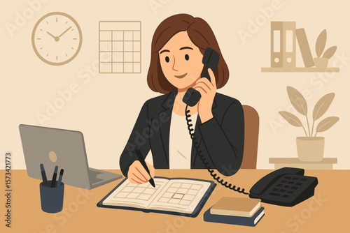 Administrator assistant occupation. Secretary or receptionist professional working at her desk. Answering telephone, scheduling calendar and coordinating tasks. Businesswoman.
