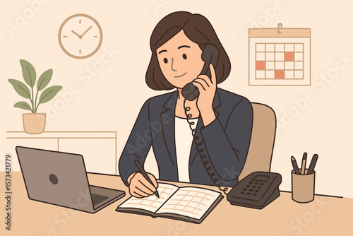 Businesswoman administrator or assistant working at office desk. Secretary or receptionist answering telephone, writing in schedule calendar. Multitasking professional concept.
