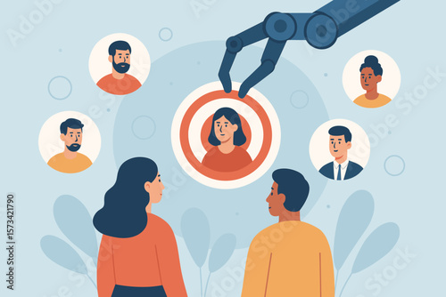 Human resources recruitment concept with robot arm choosing a candidate for a job vacancy. Headhunting, employee search, and hiring process. Targeting the right person.