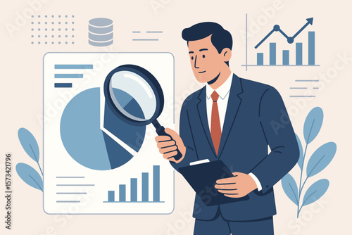 Data analysis. Financial research. Man inspects chart, graph with magnifying glass. Business analytics. Predictive visualization. Database report. Statistics. Infographic. Audit.