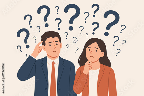 Confused business people with question marks. Man and woman thinking, solving a complex problem. Couple facing doubt, choice, or dilemma. FAQ vector concept illustration.