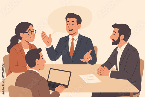 Concept of leadership and influence in a business meeting. Businessman convincing colleagues and persuading the team to believe in a new idea. Teamwork and communication vector.